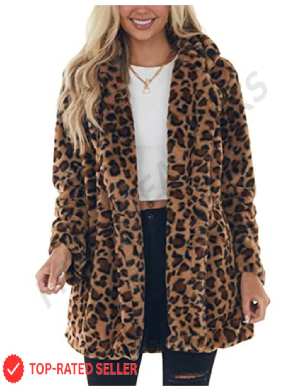 Faux Fur Leopard Print Coat Open Front Loose Fit with Pockets